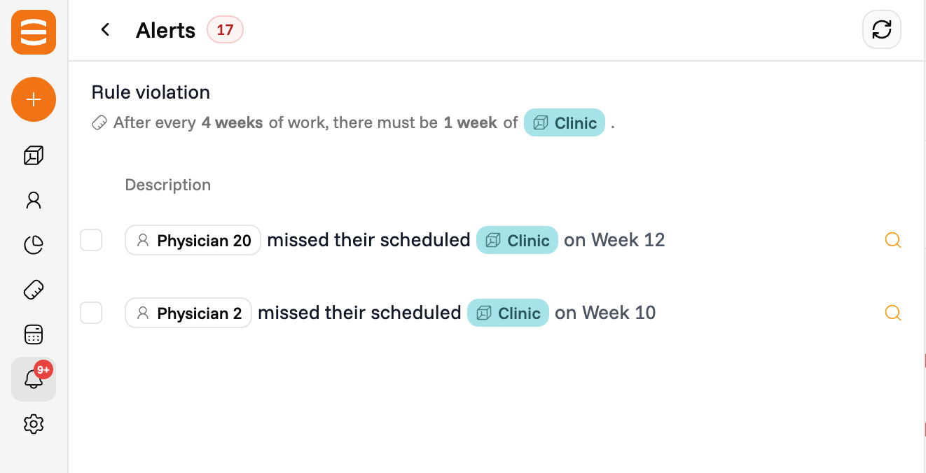 An expanded rule violation alert listing the people, blocks, and weeks involved, with a highlight button next to each entry