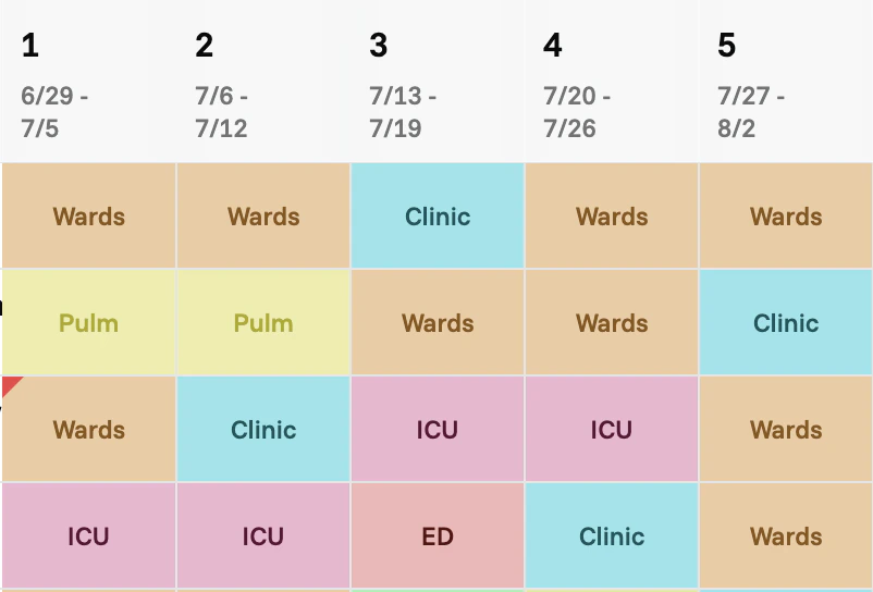 Schedule table with color-coded block types: Wards, Pulm, Clinic, ICU, ED