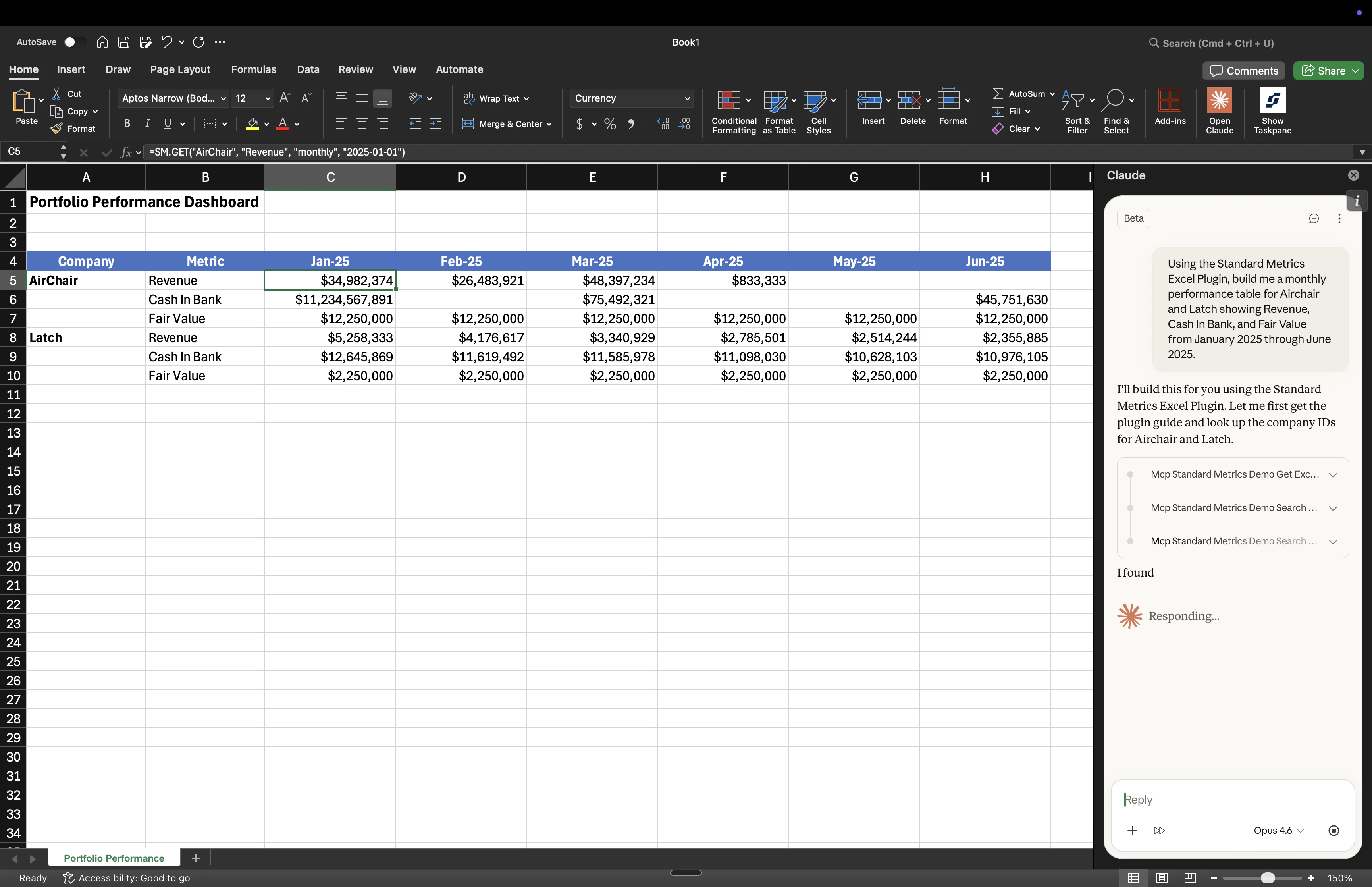 Example spreadsheet built with SM.GET formulas pulling portfolio data from Standard Metrics