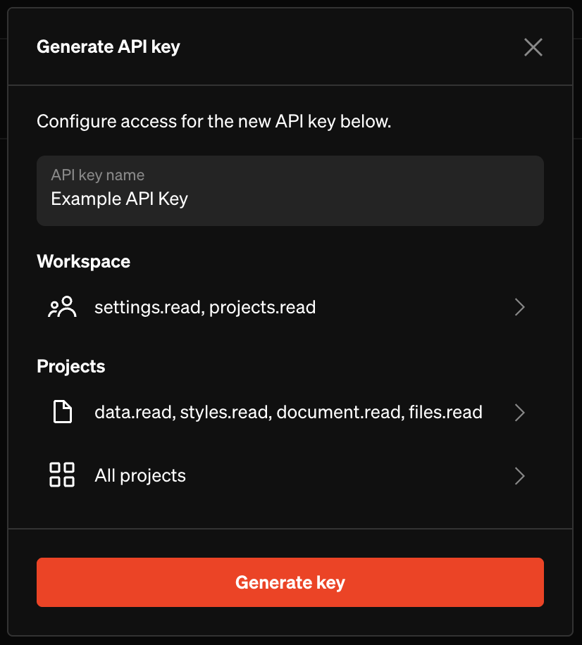 API Key Configuration API Key configuration dialog showing a name entry field, workspace scope selection options, project scope selection options, and a project access list