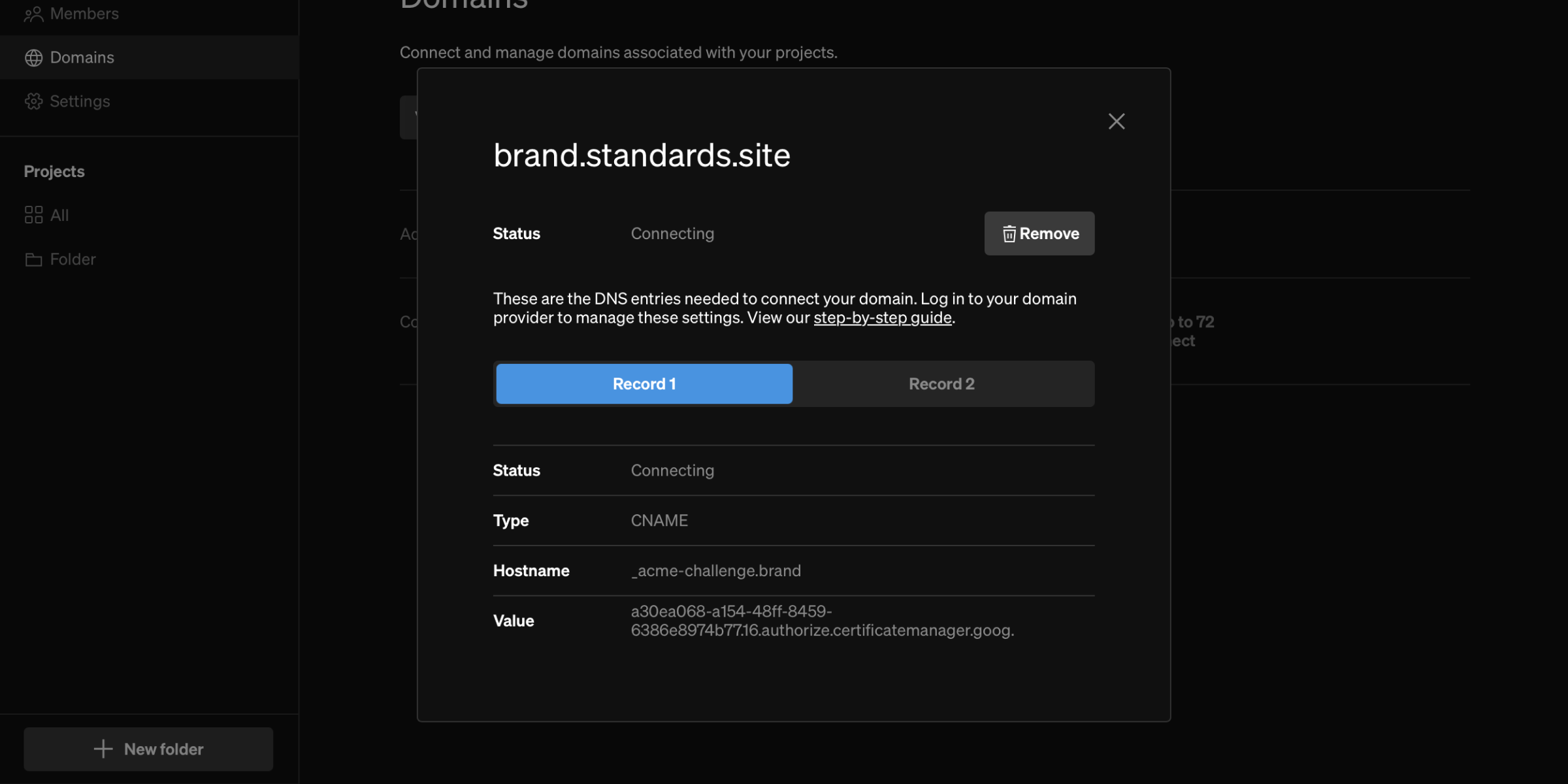 Domain connection pop up with A and CNAME record information