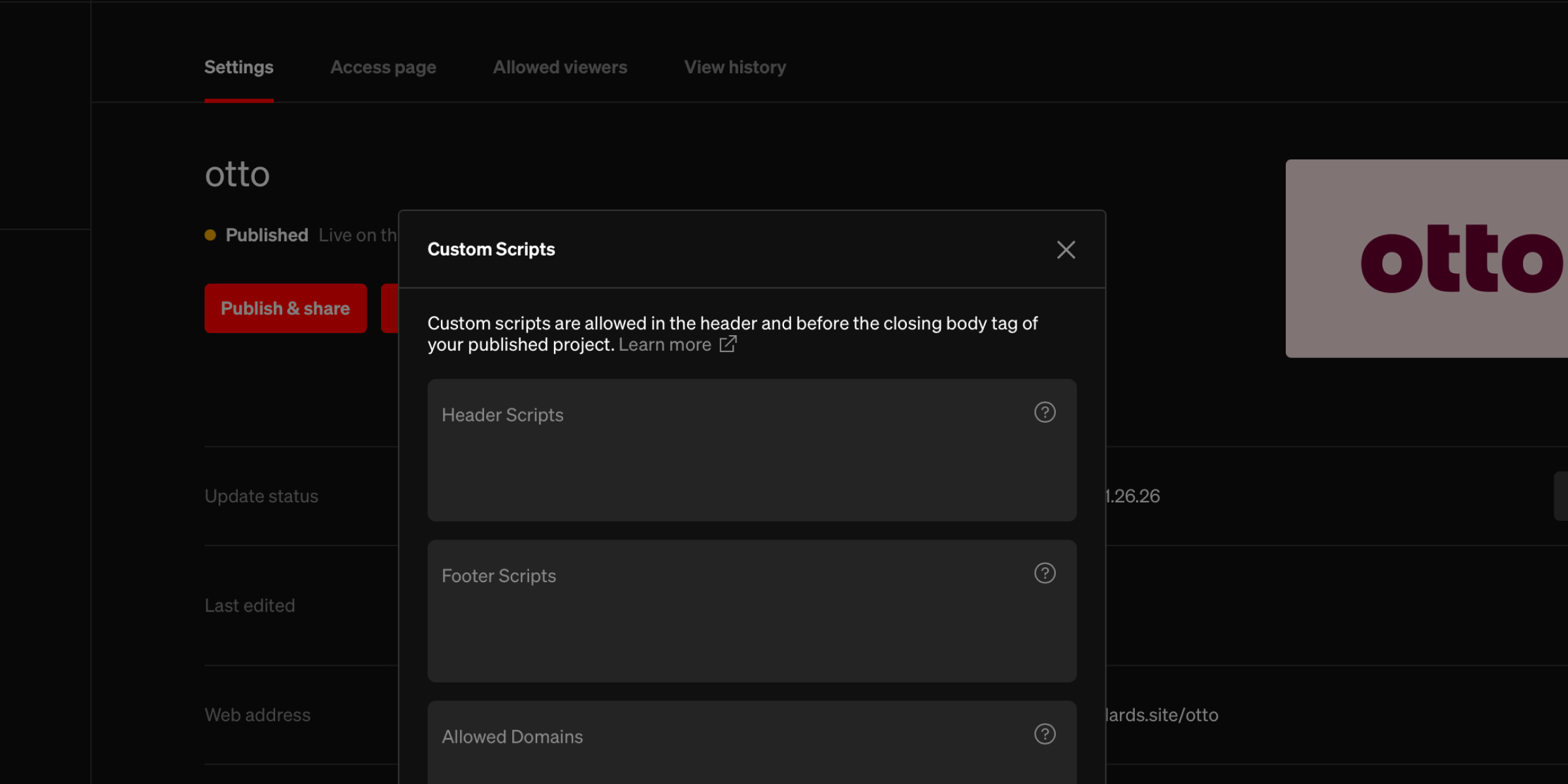 Dashboard with custom scripts window open showing empty fields