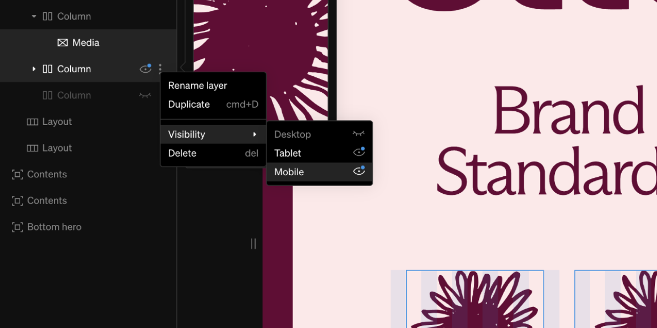 Tiered menu in contents list with each breakpoint's visibility able to be toggled