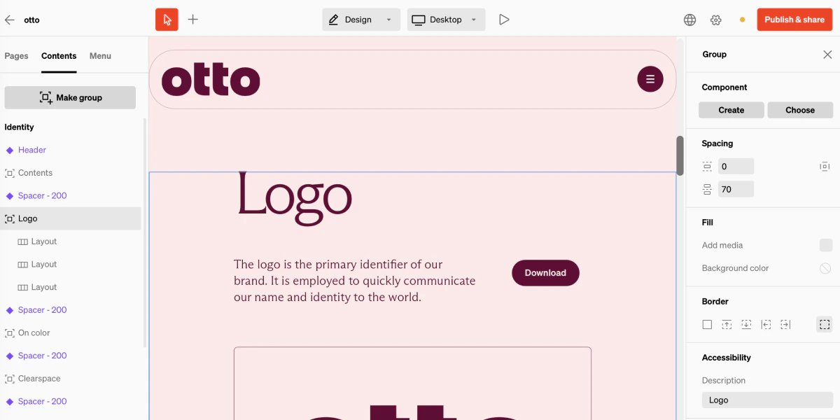 Accessibility 05 Logo group of Identity page selected and the word 'Logo' input into the accessibilty description field