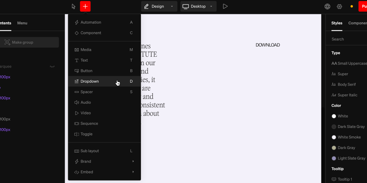 Add menu dropdown open showing a list of all options