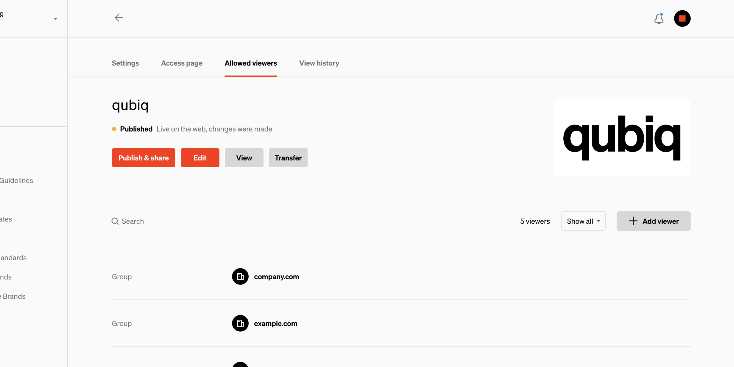 Allowed viewers tab active showing a list of allowed email domains