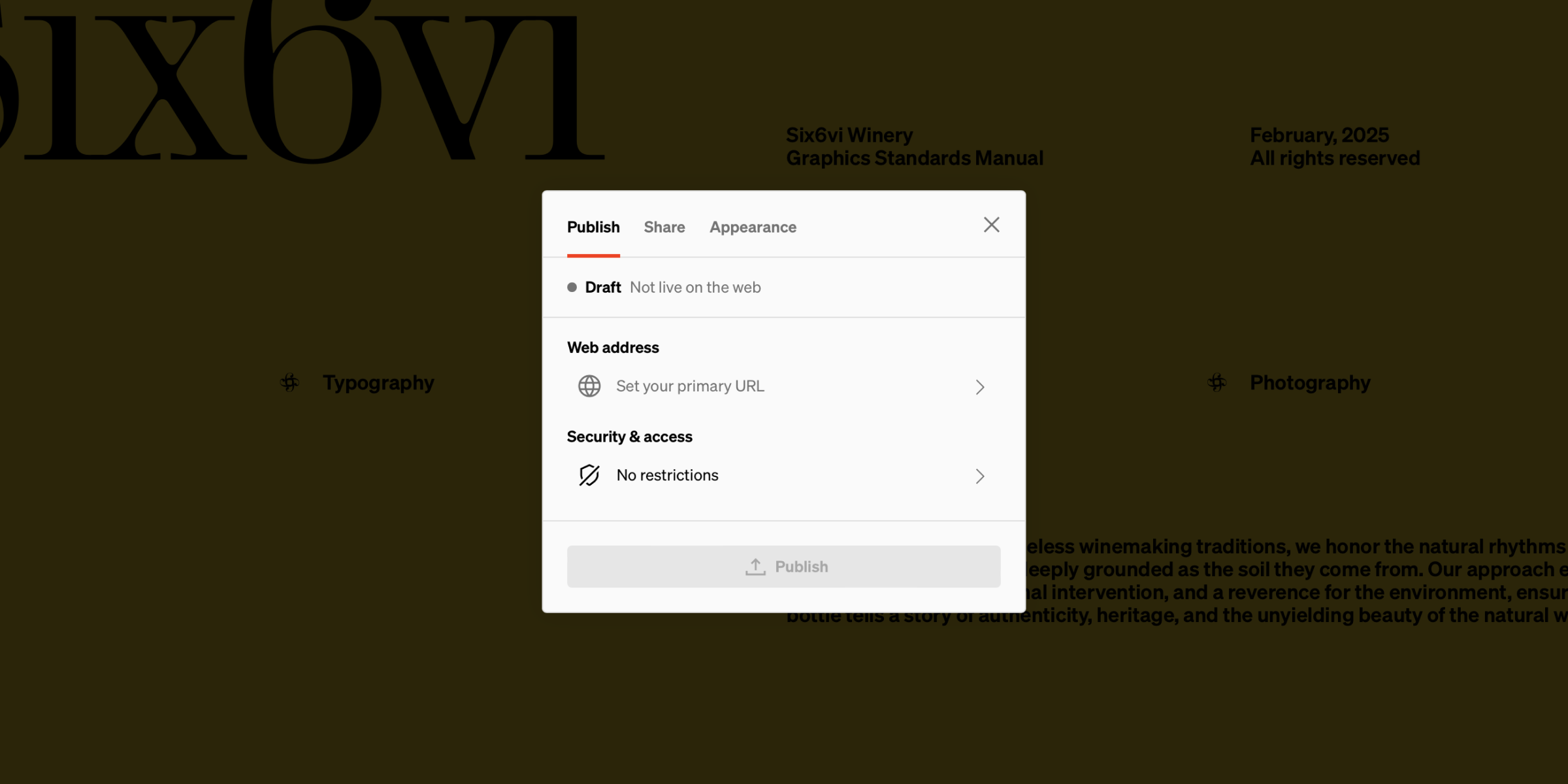Publish & share window open, showing the draft state with no preference set