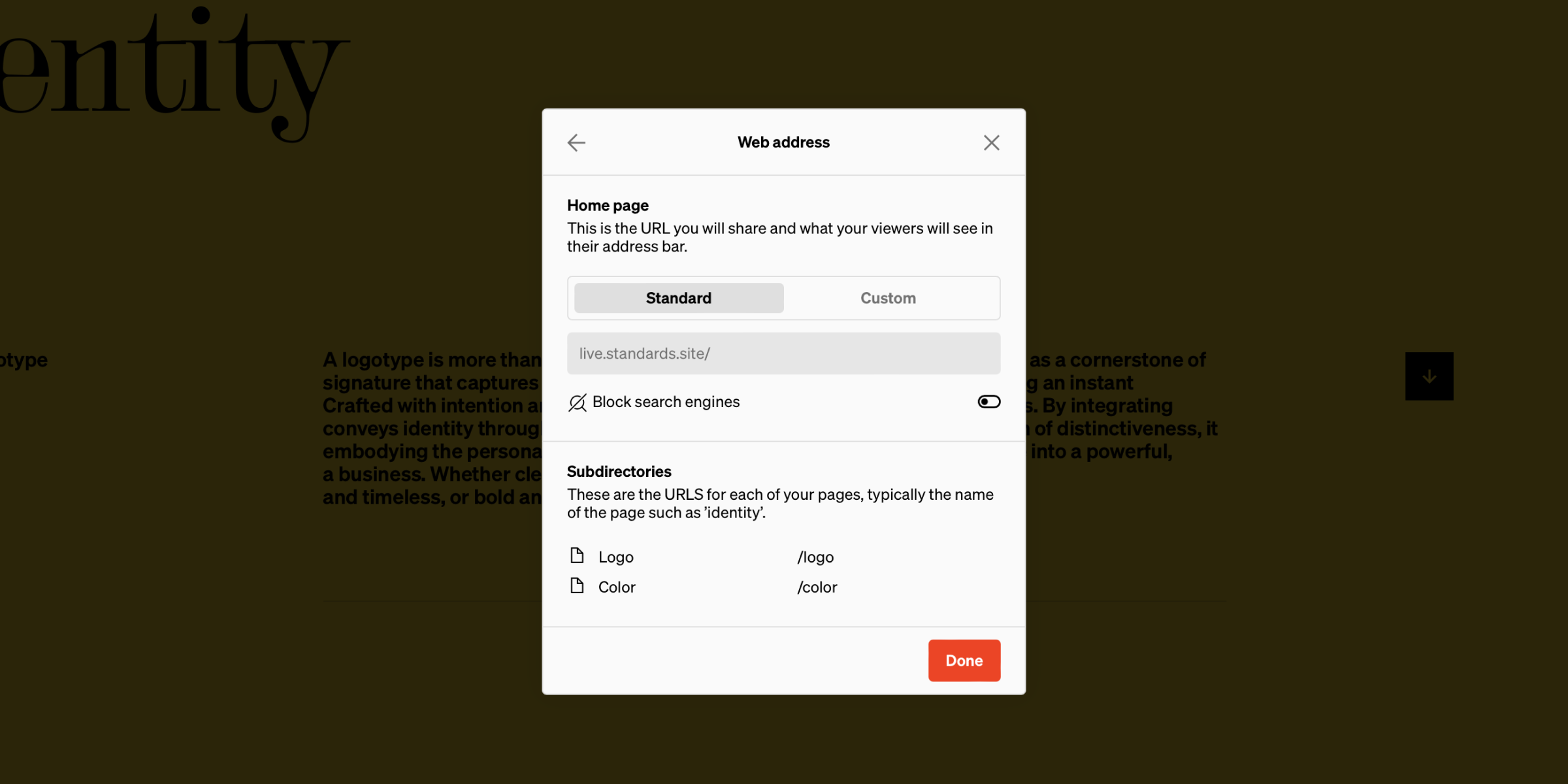 Web address section with options for domain type and subdirectory URL's