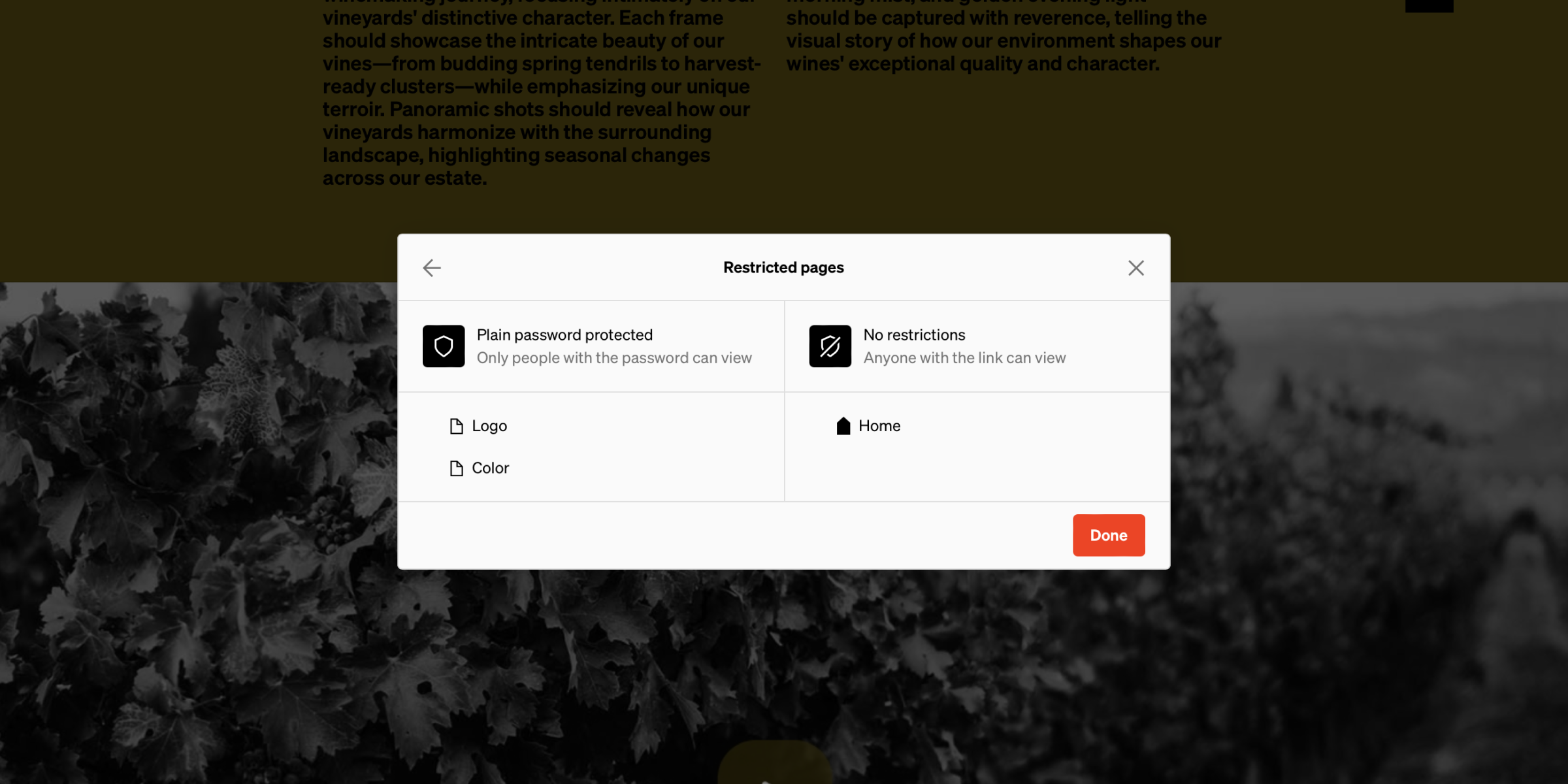 Interface for designating protected and public pages by moving them between two sides