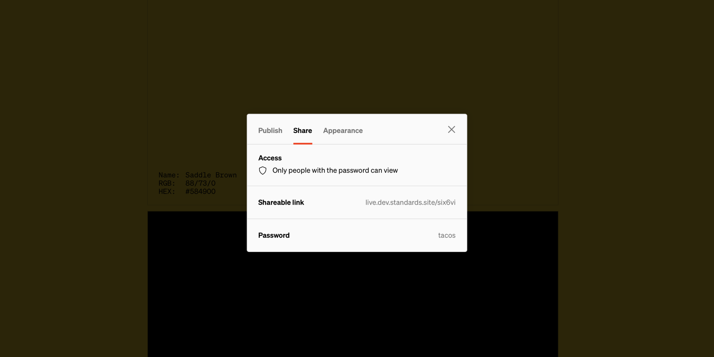 Share tab of Publish & share modal with access, shareable link, and password listed