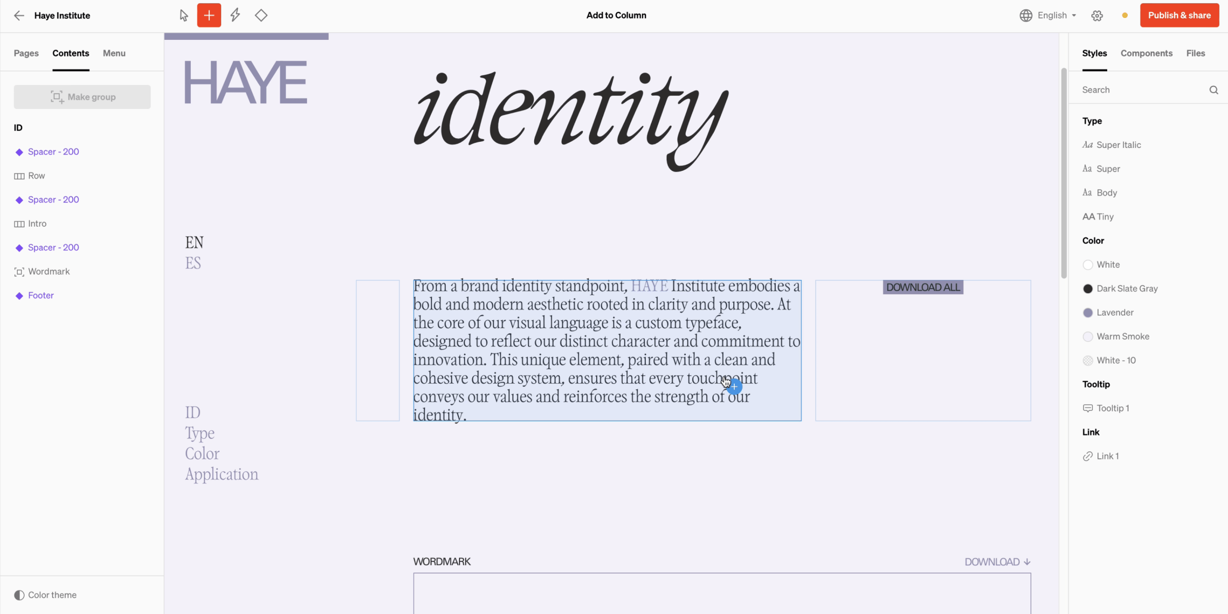 Existing column highlighted blue