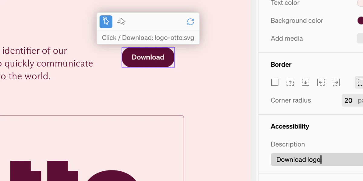 Button Accessibility Button for a logo download with the word 'Download' within, selected showing the accessibiliy description 'Logo'