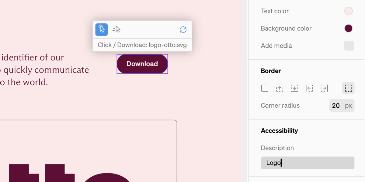 Button Accessibility Button for a logo download with the word 'Download' within, selected showing the accessibiliy description 'Logo'