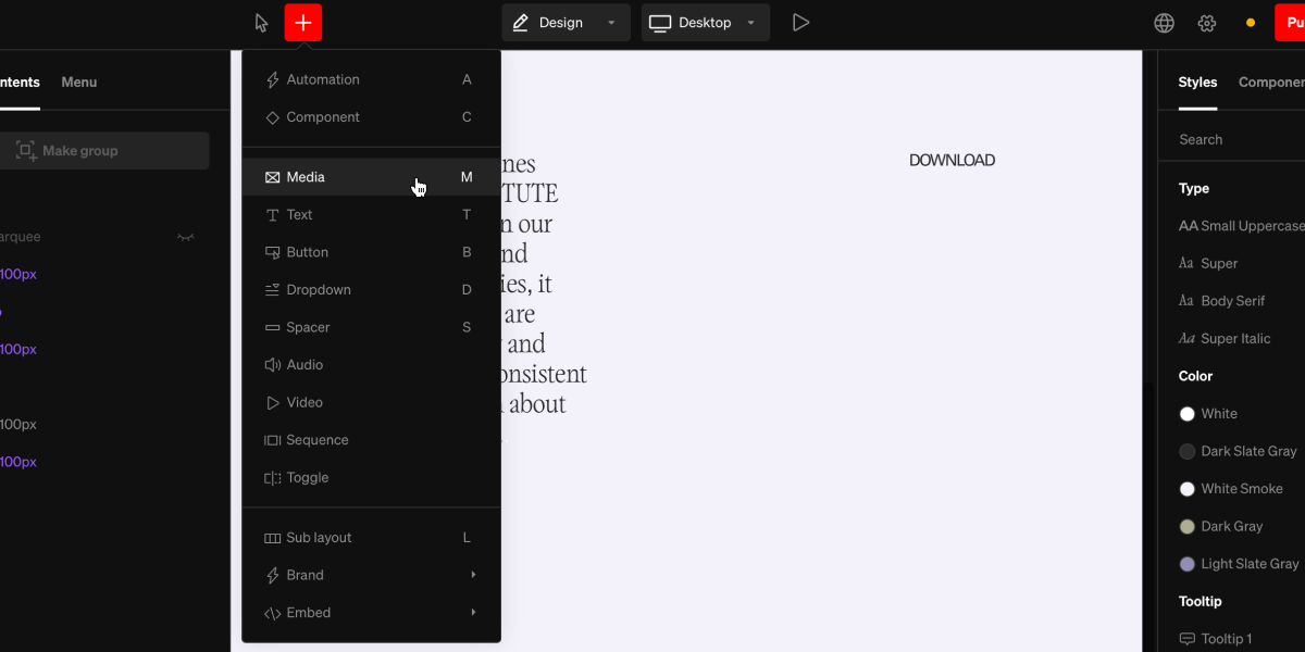 Add menu dropdown open showing a list of all options