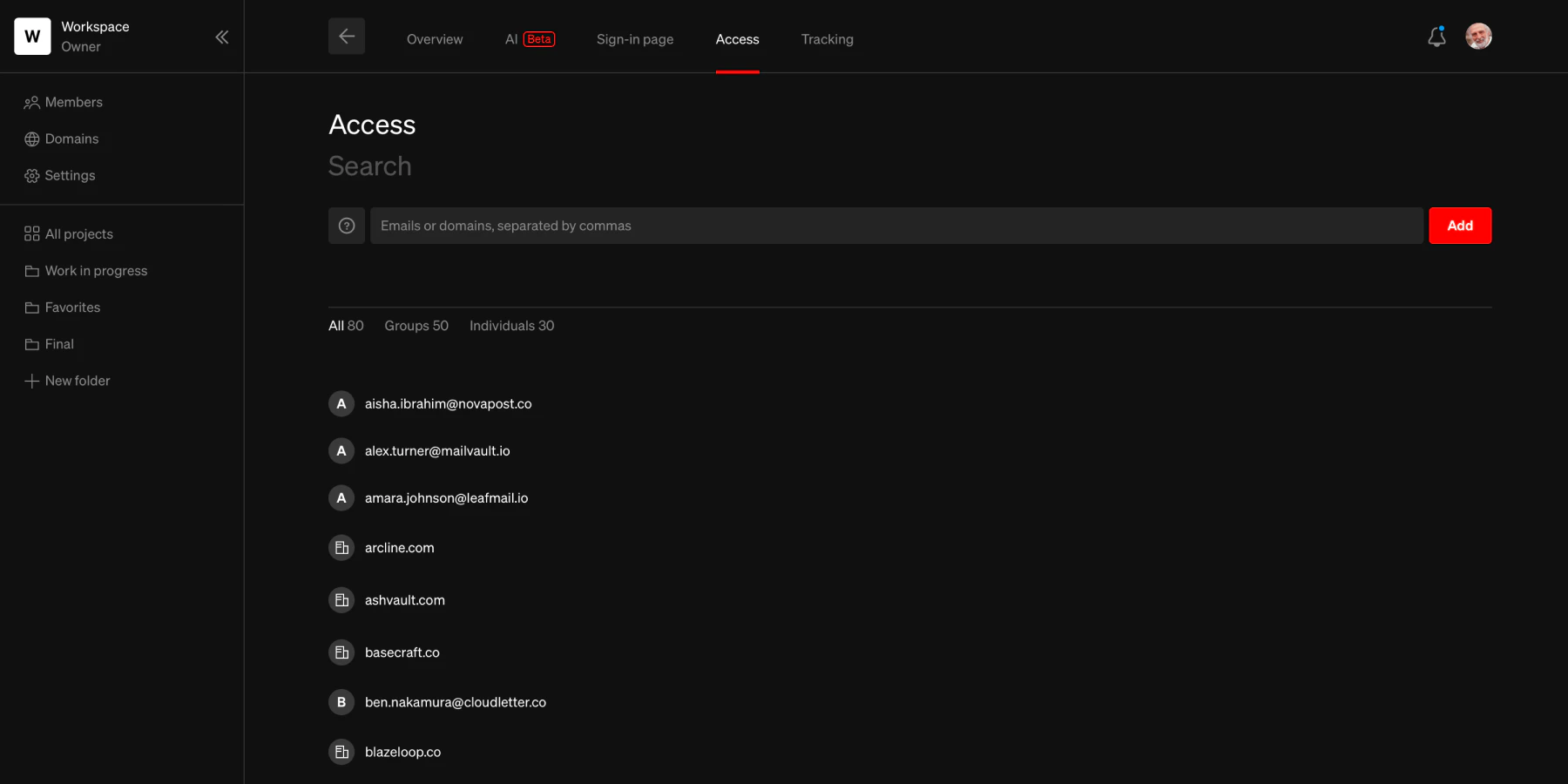 Access tab in project details showing a search, input field, and list of example individuals and email domains