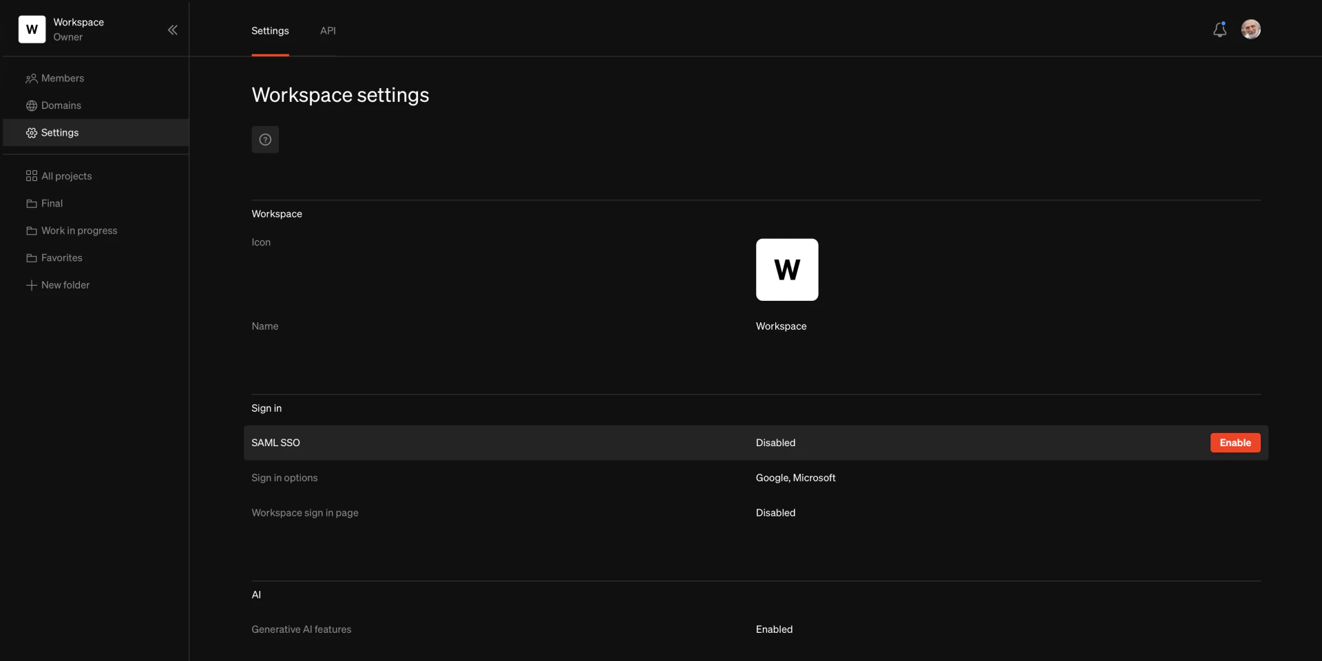Workspace settings page with general preferences and workspace controls