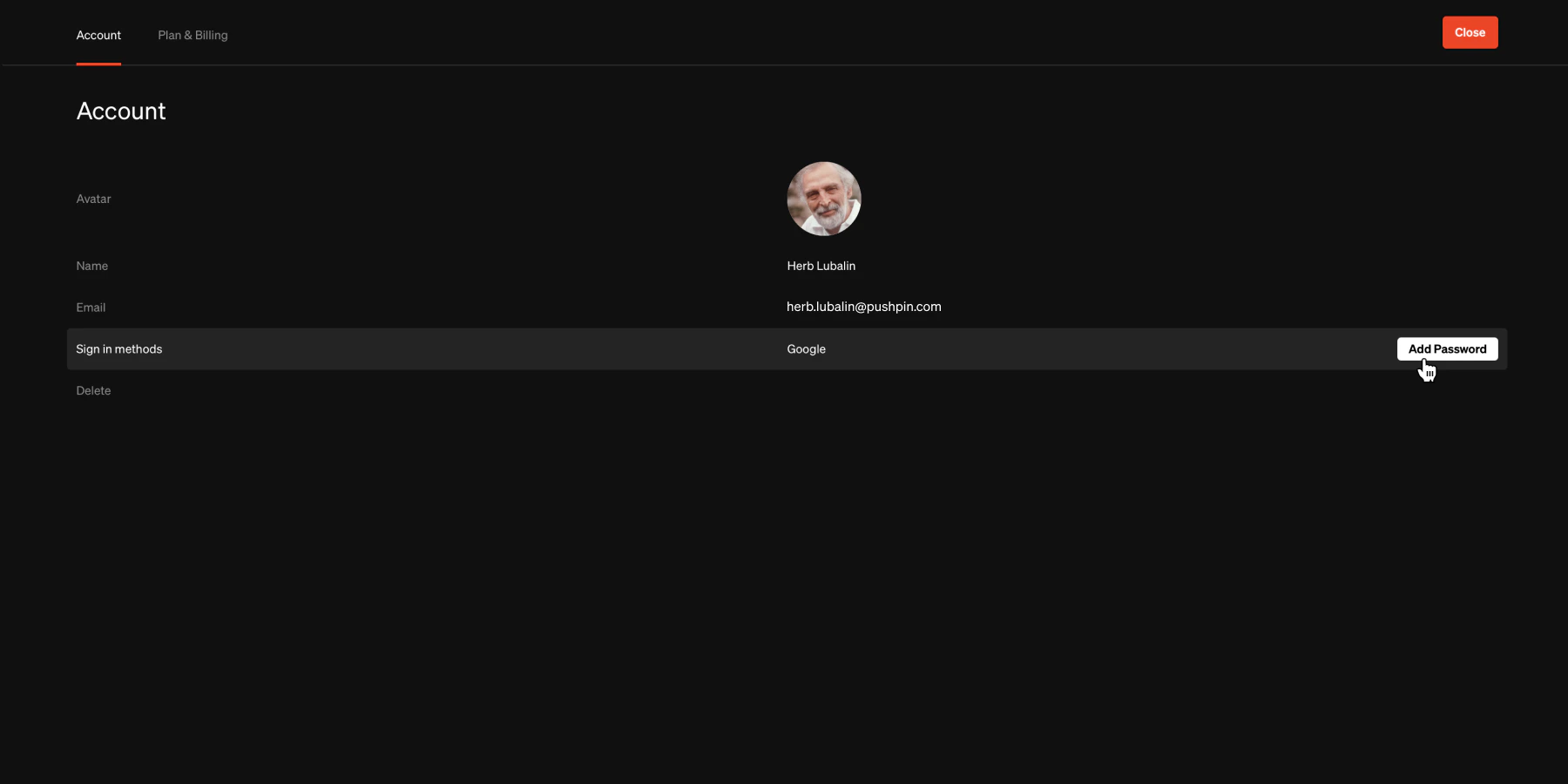 Account details list with avatar, name, and sign in methods