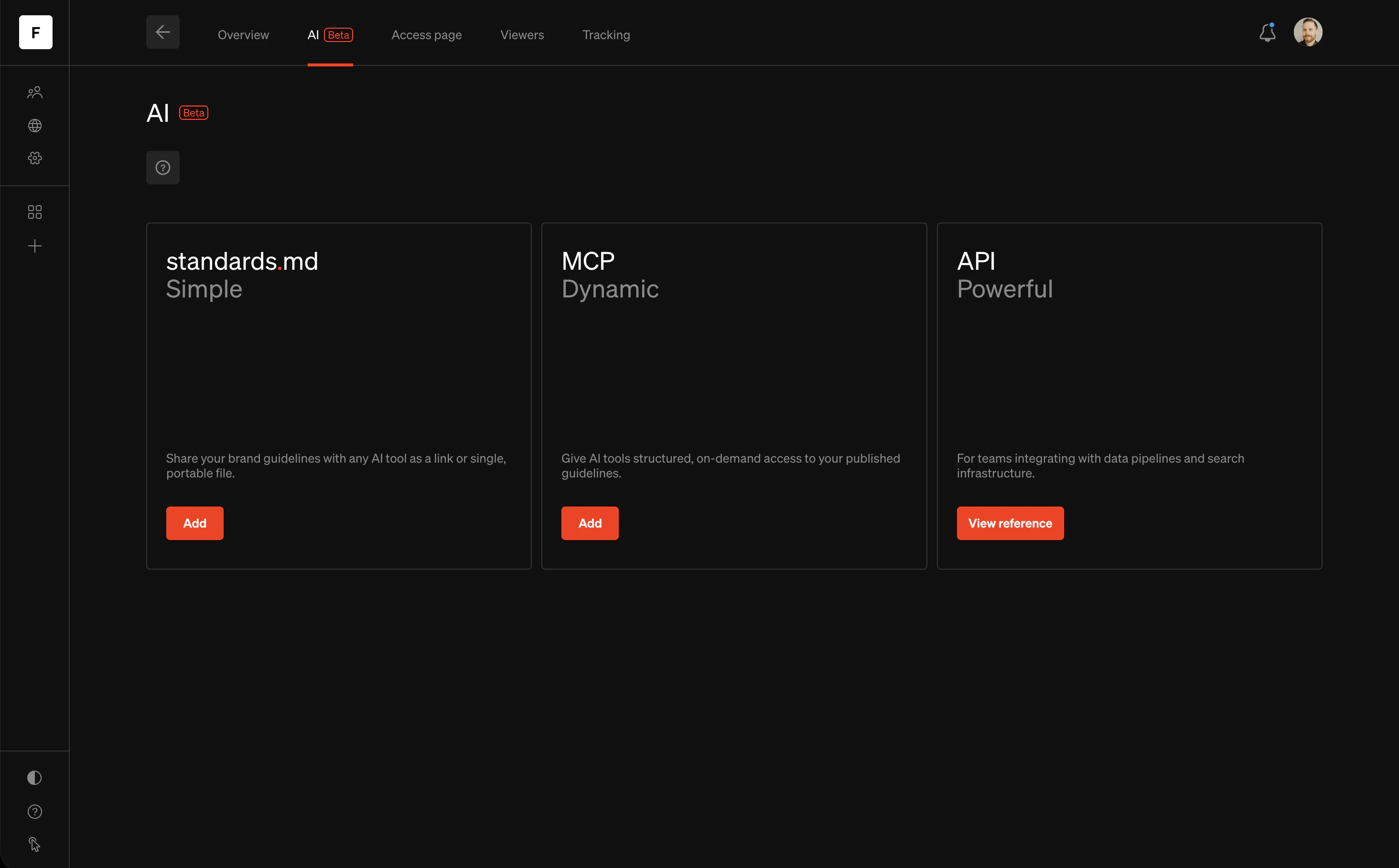 AI Integrations The AI settings page in Standards showing cards for standards.md, MCP, and API