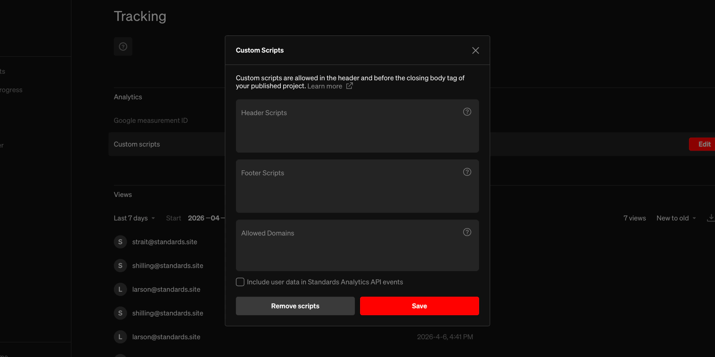 Dashboard with custom scripts window open showing empty fields