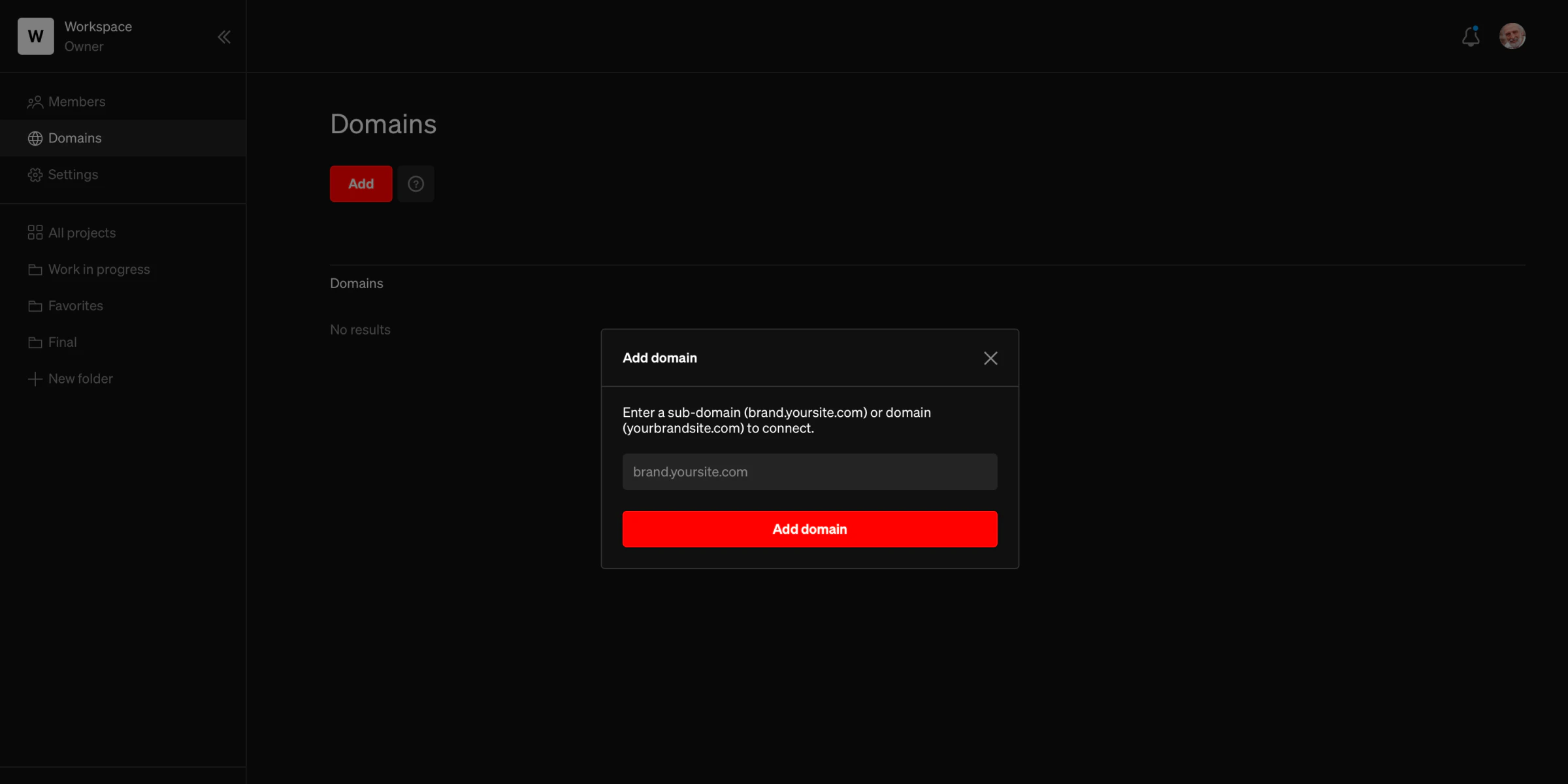 Domain page with add domain field