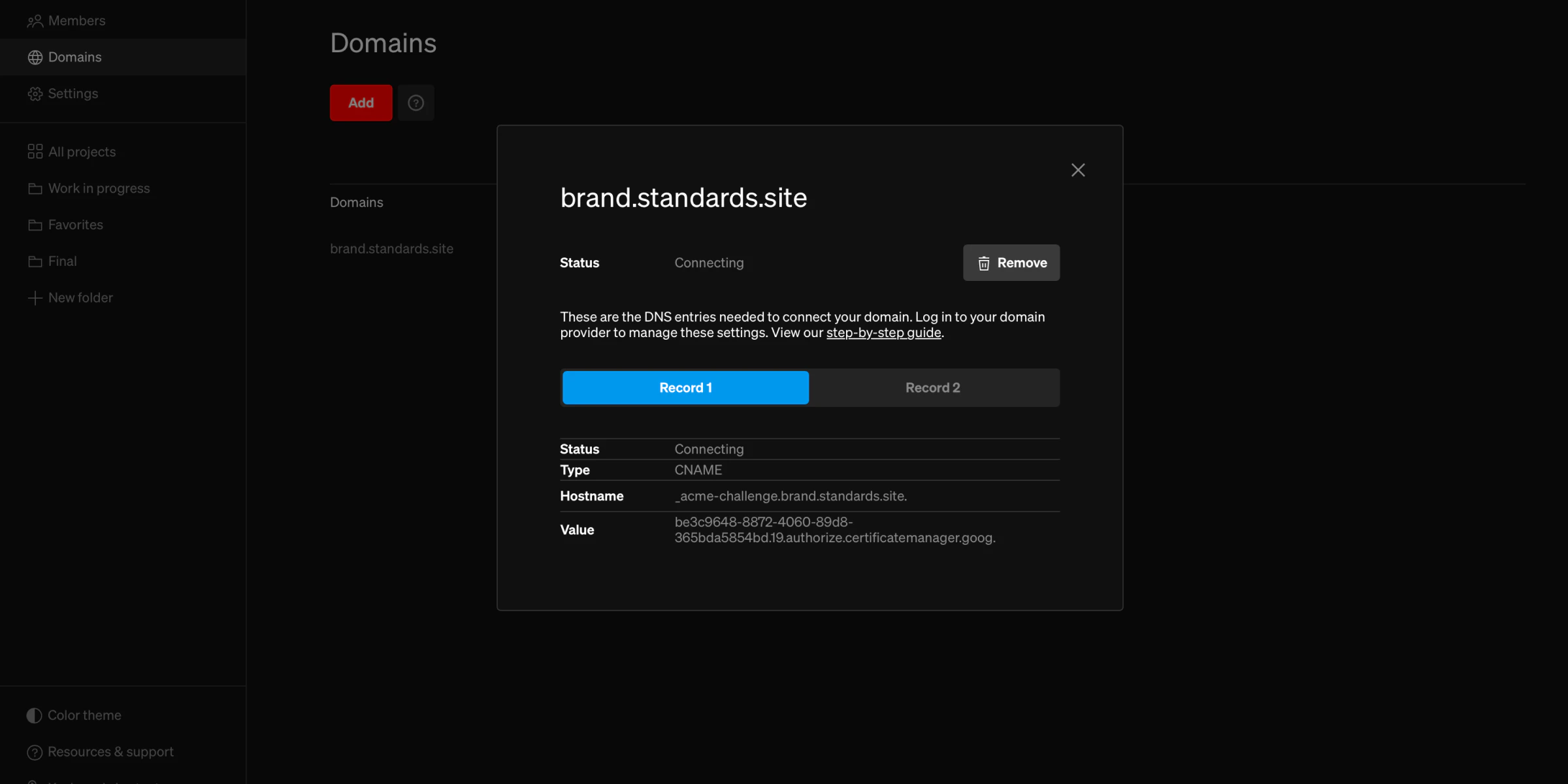 Domain connection pop up with A and CNAME record information