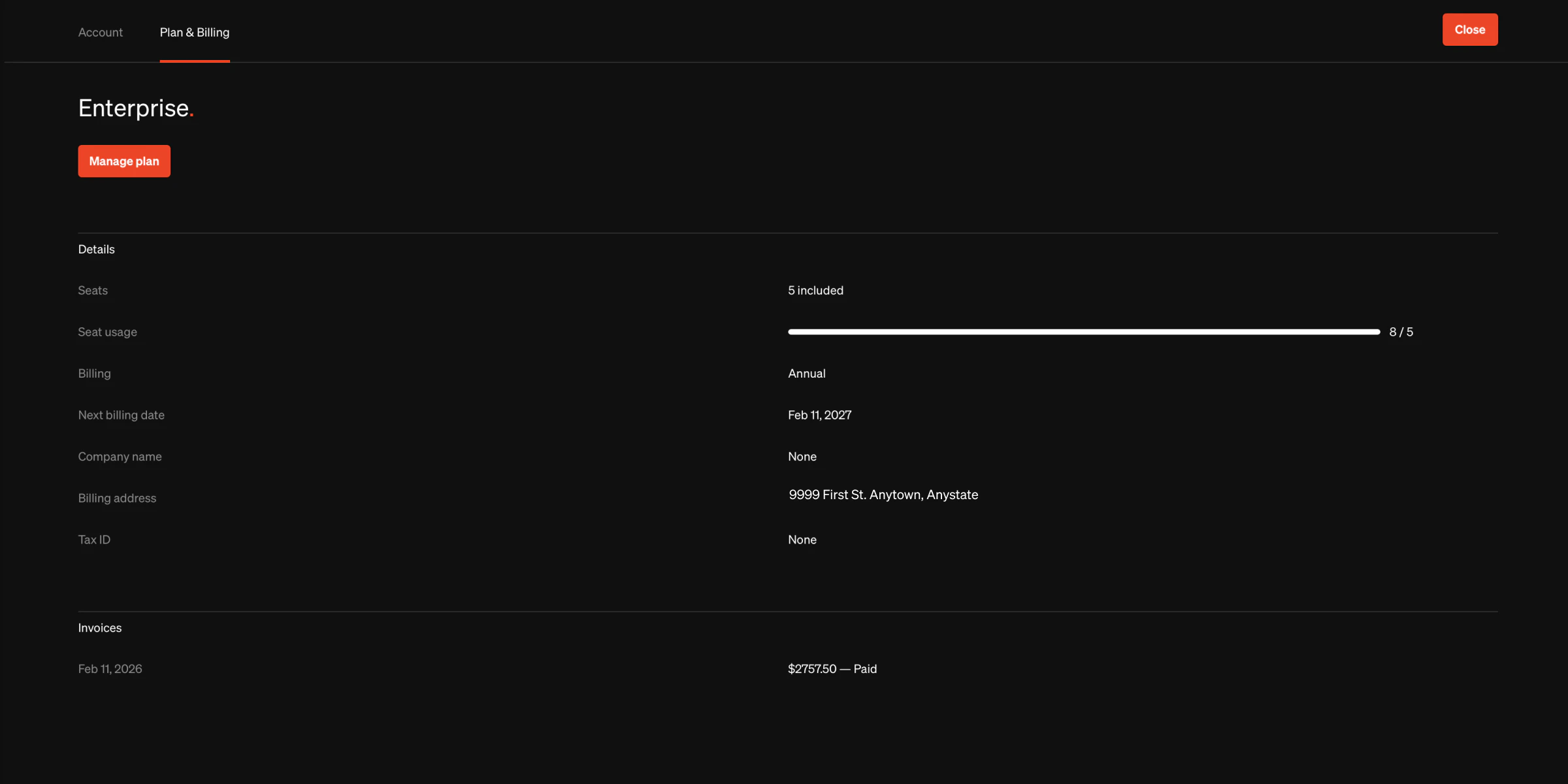 Plan and billing settings page with specs like seats, usage, billing addres, and invoices are listed