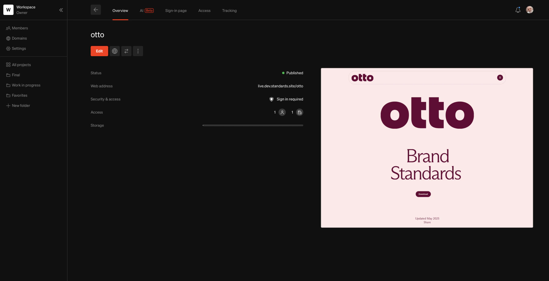 Project settings overview page with project name, action buttons, and other project settings pages accessible fromt the top subnavigation tabs