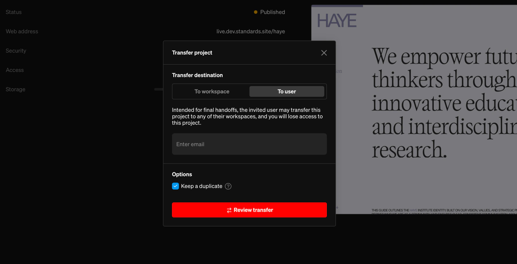 Project transfer window with options to send the project to another workspace or person