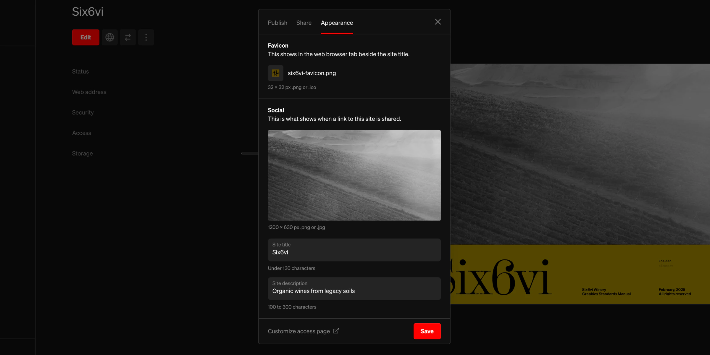 Appearance tab of Publish & share window with favicon, preview image, and site description fields