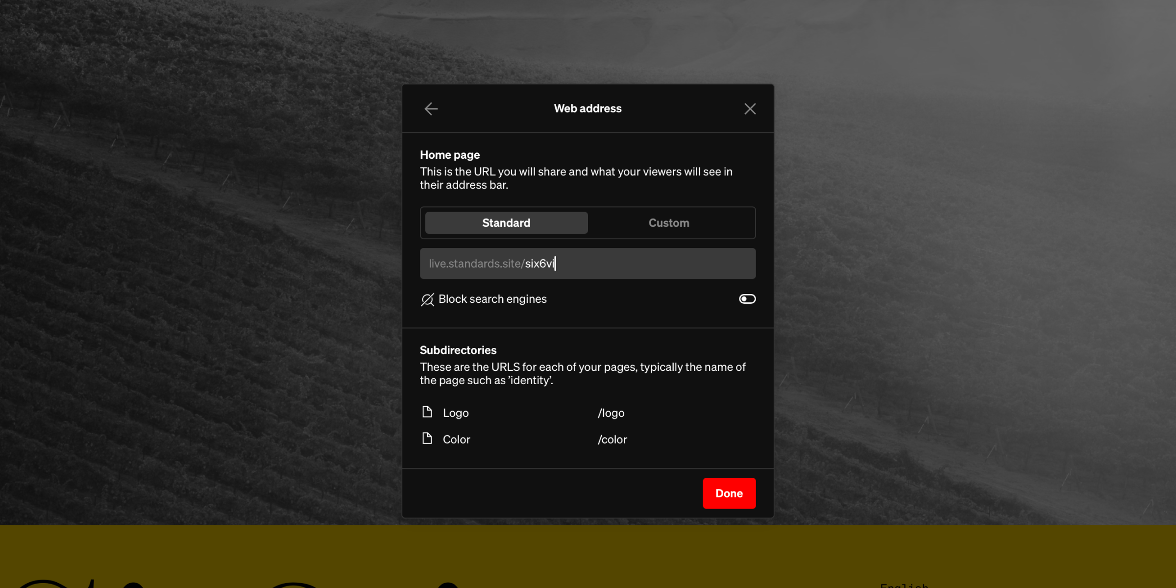 Web address section with options for domain type and subdirectory URL's