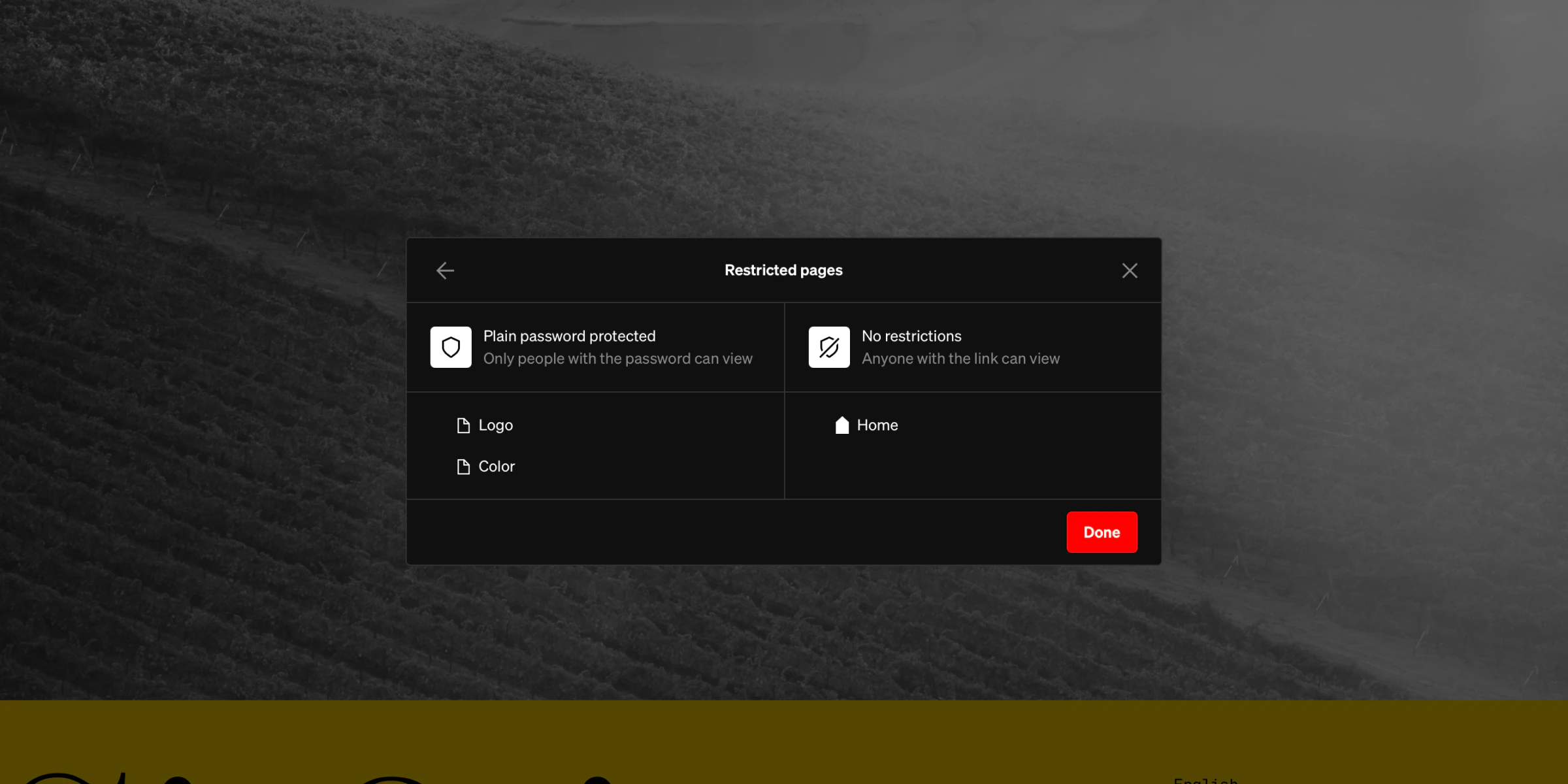 Interface for designating protected and public pages by moving them between two sides
