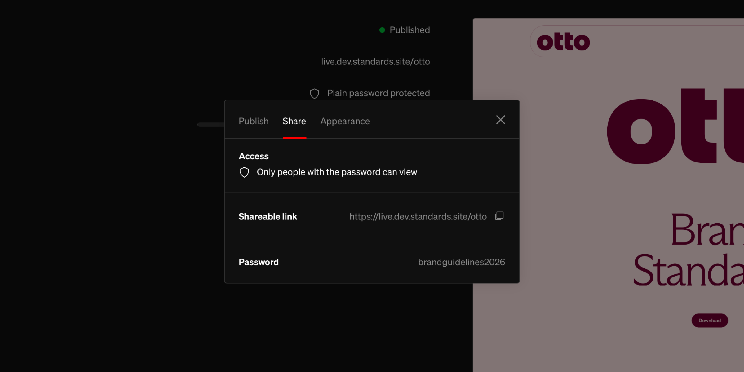 Share tab of Publish & share modal with access, shareable link, and password listed