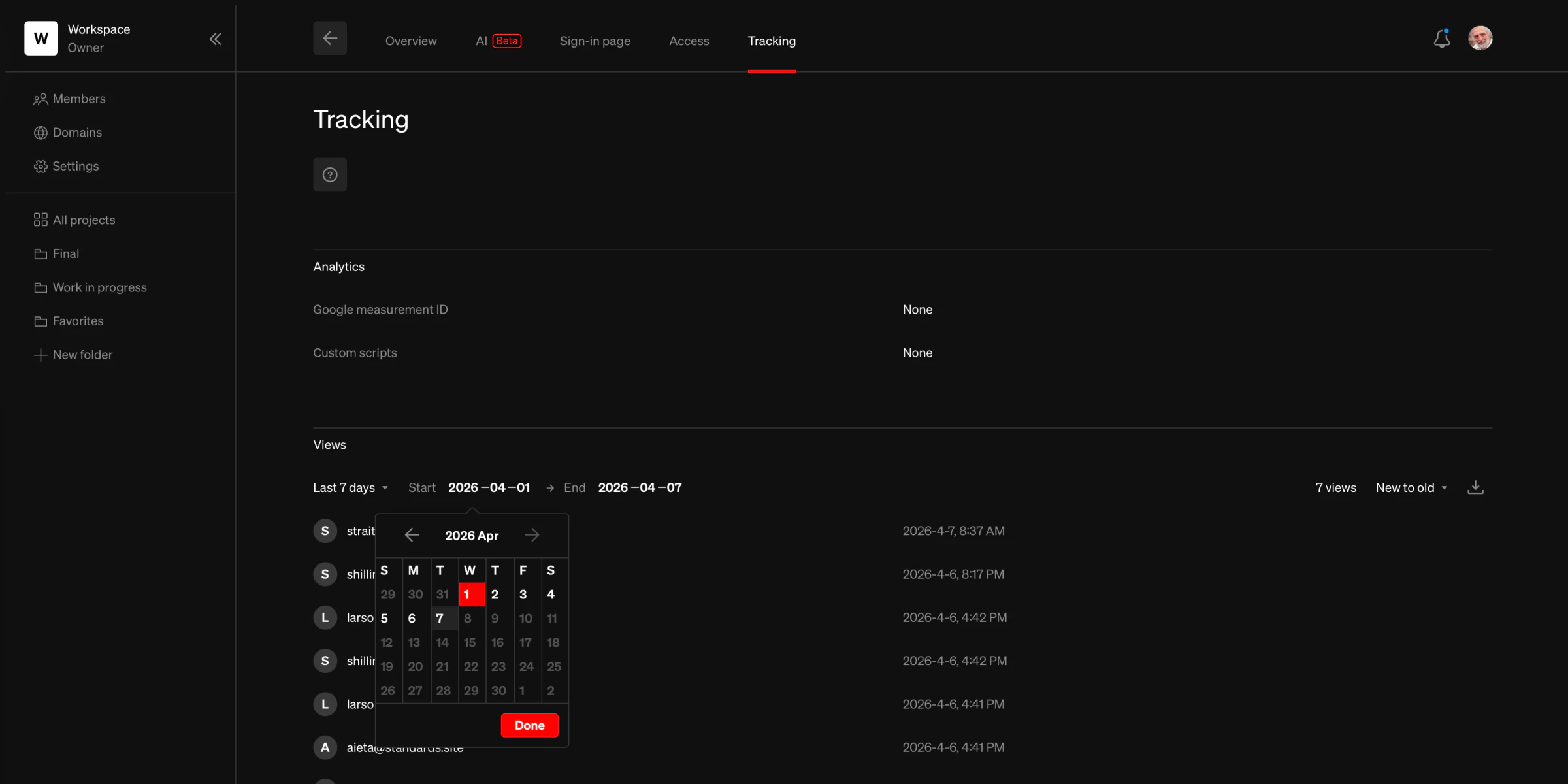 Tracking page in the dashboard showing analytics settings and a filterable list of project views
