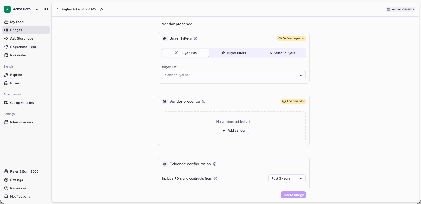 The Vendor Presence Bridge create form