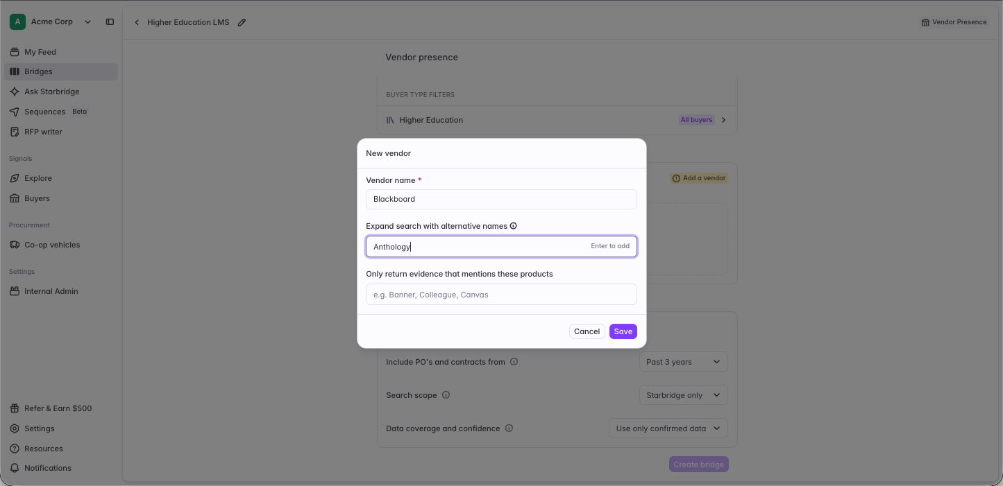 The New vendor modal with an alternative name being added