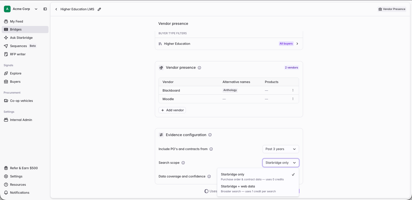The Search scope options in Evidence configuration