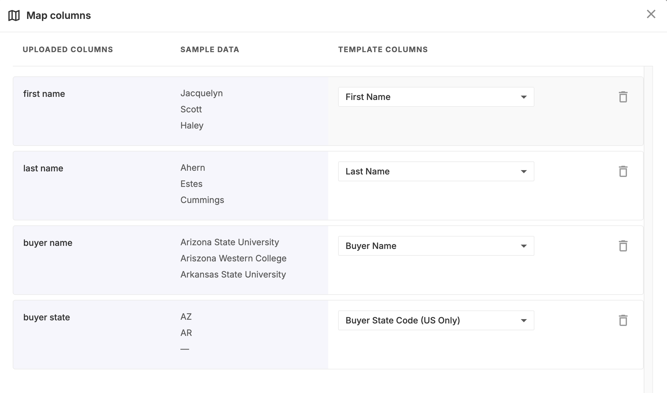 Selecting header row and mapping columns