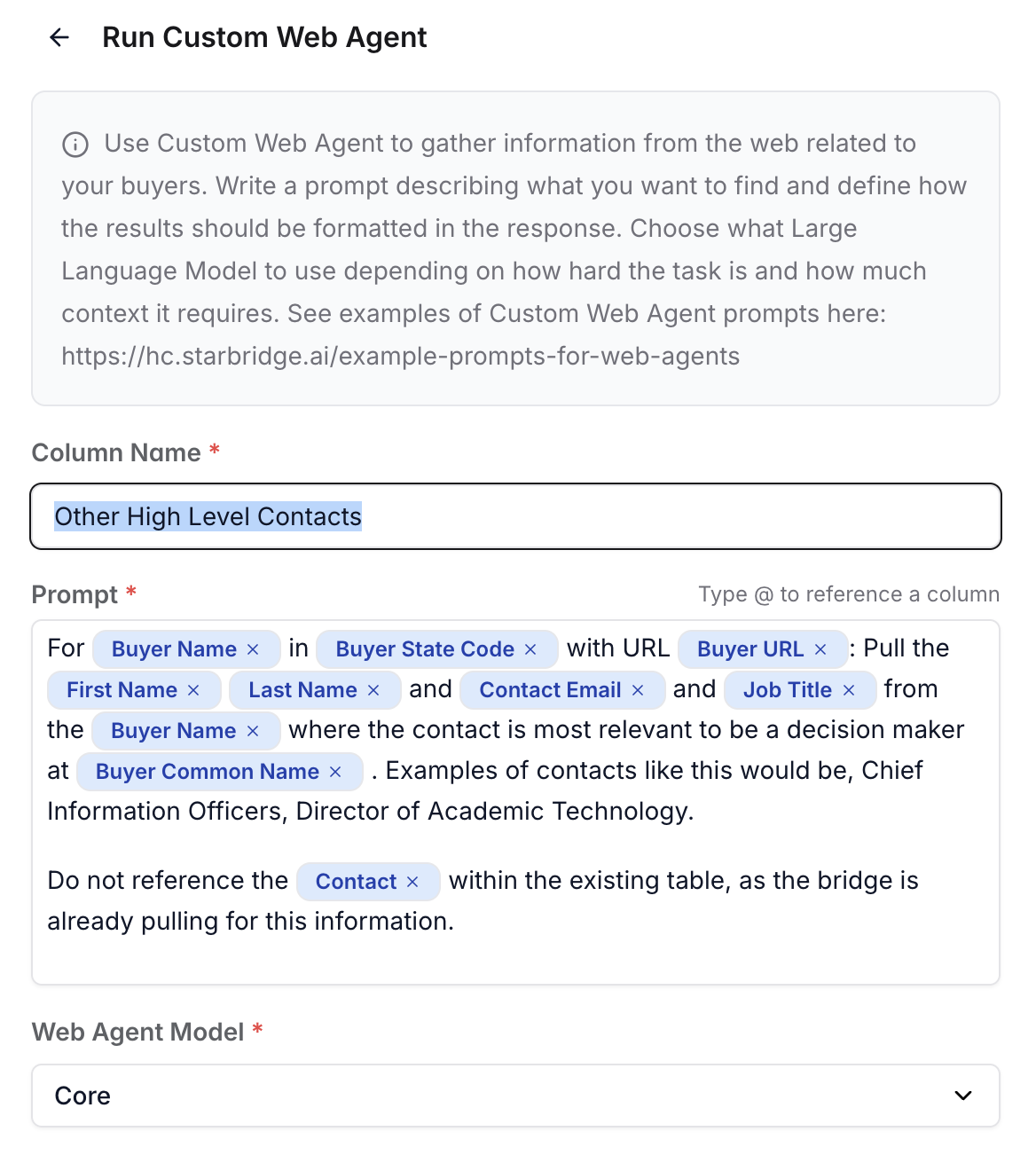 Example prompt used for Custom Web Agent Column