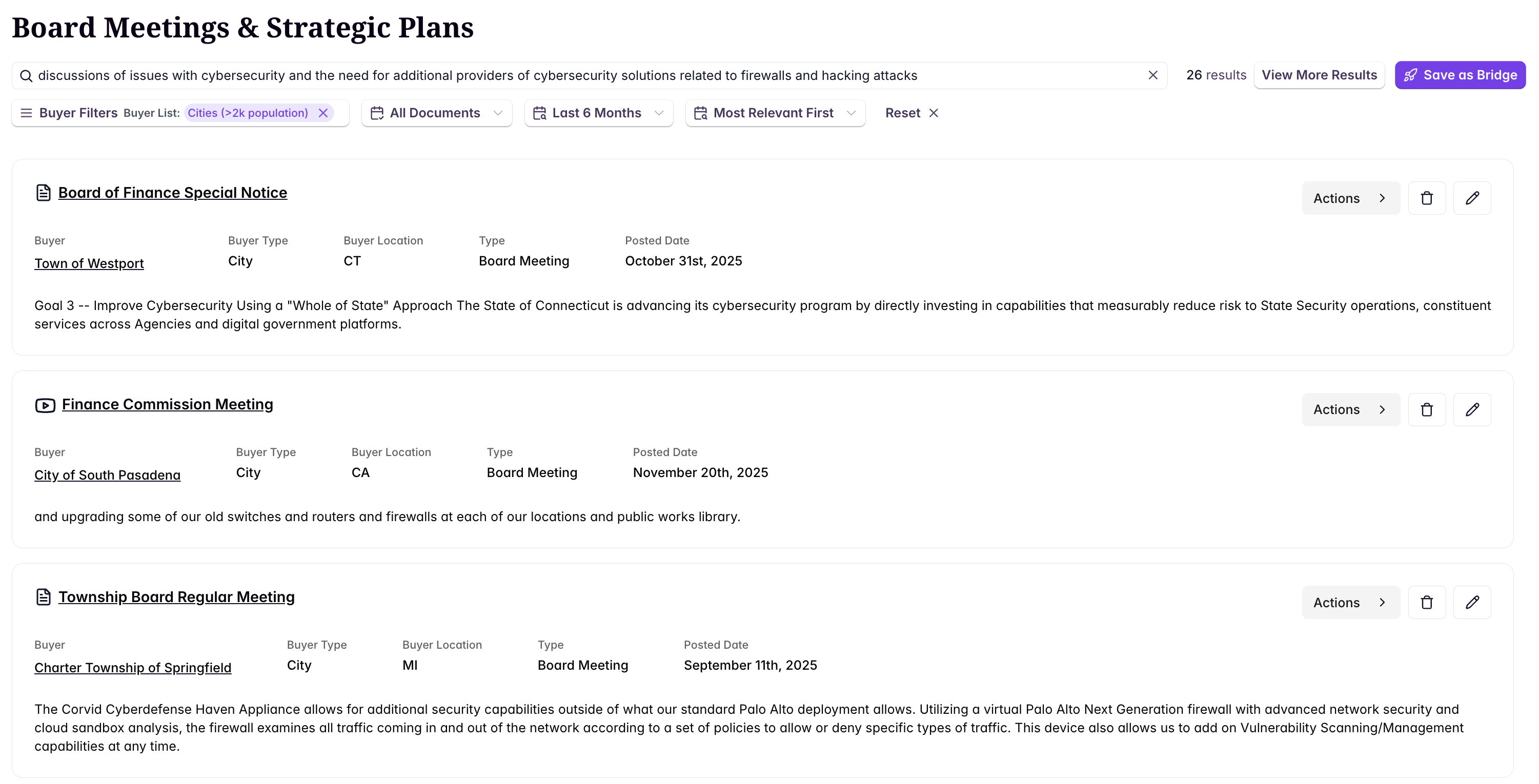 Meetings tab with filters and results
