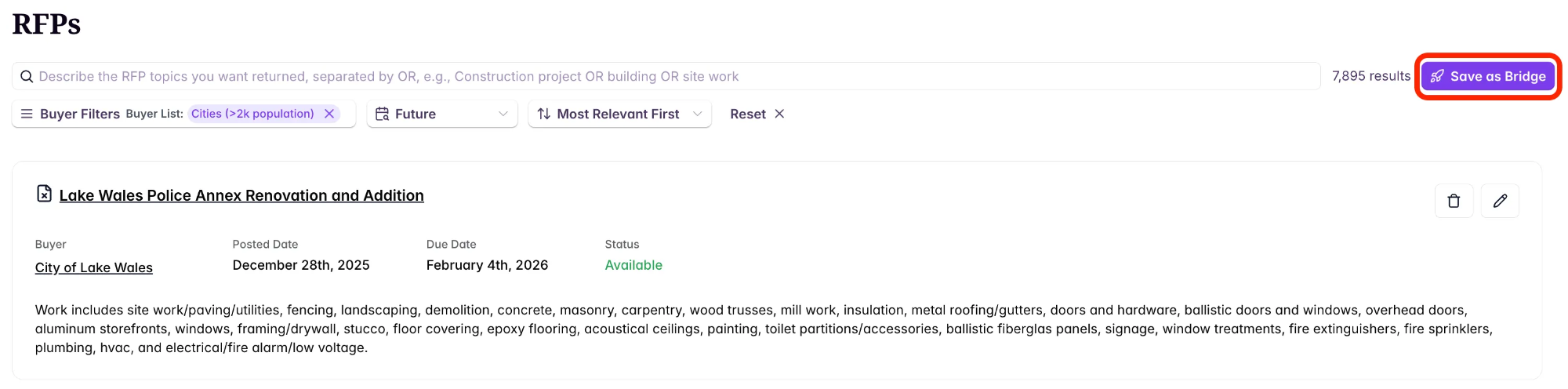 Save as Bridge button on RFP search results
