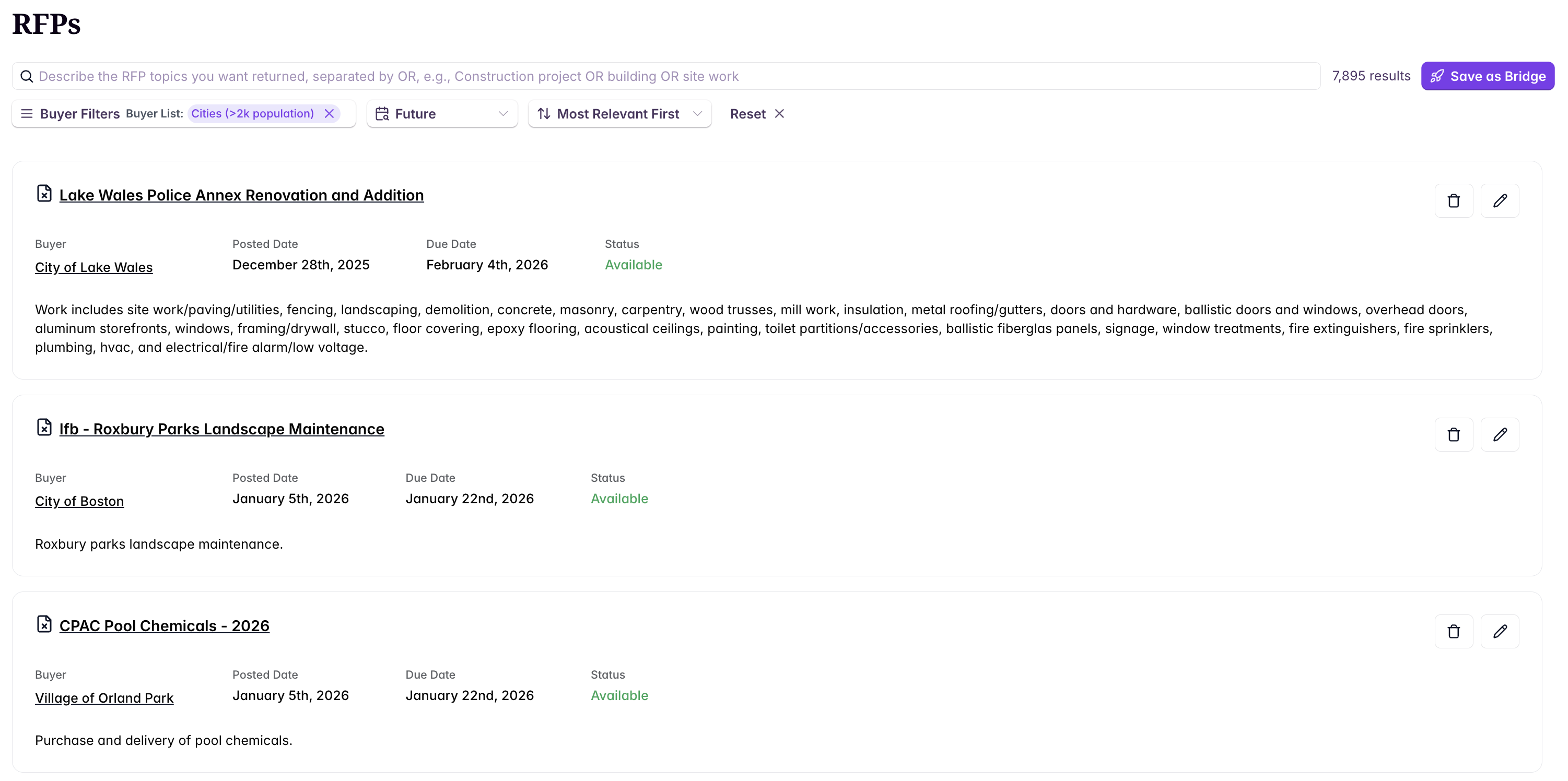RFPs tab with search and results