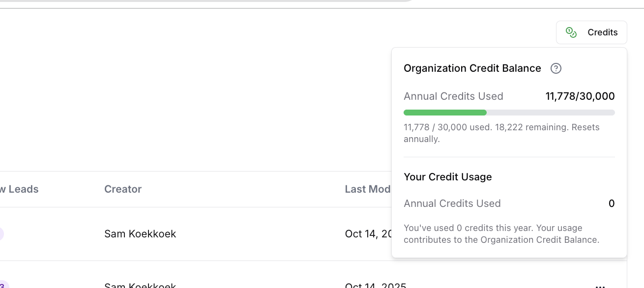 Credit balance and plan indicator in the Starbridge UI