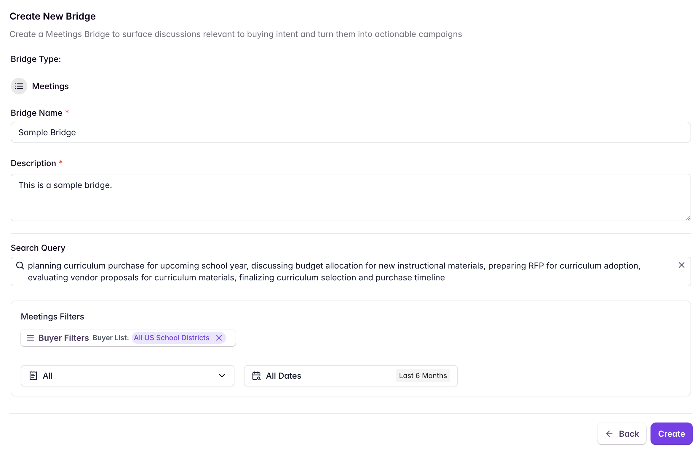Create New Bridge form with pre-populated criteria