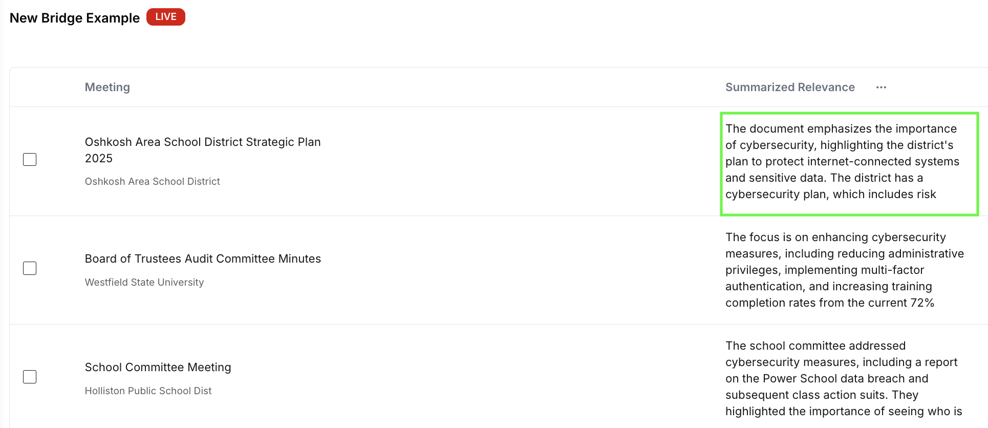 Summarized relevance column example (table view)
