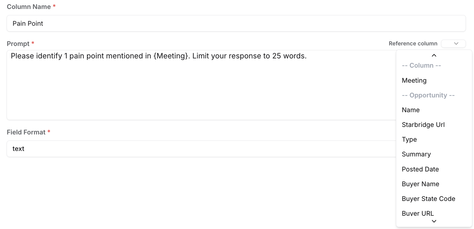 AI analysis column input example