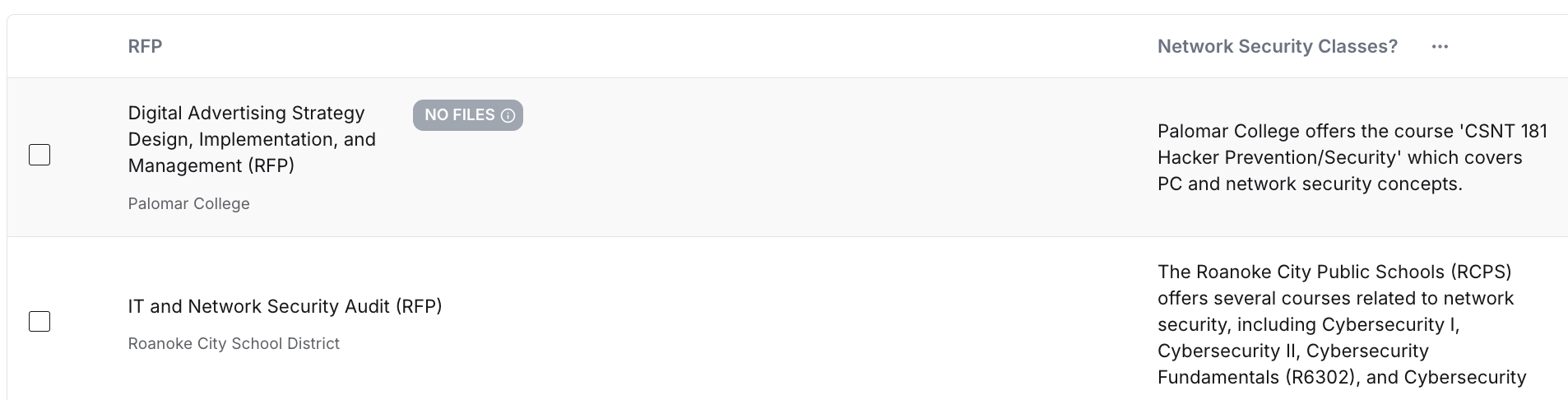 Web agent column output example