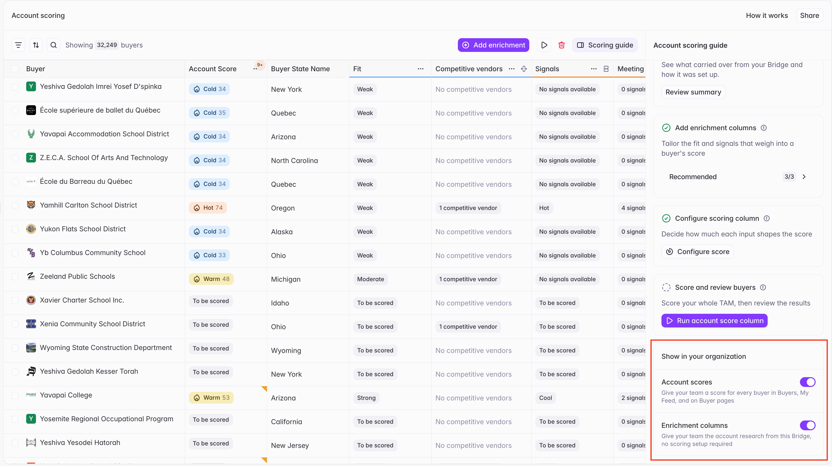 Show in your organization: Account scores and Enrichment columns toggles