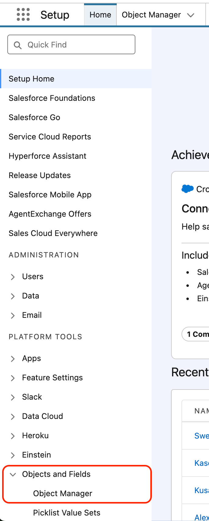 Object Manager in sidebar