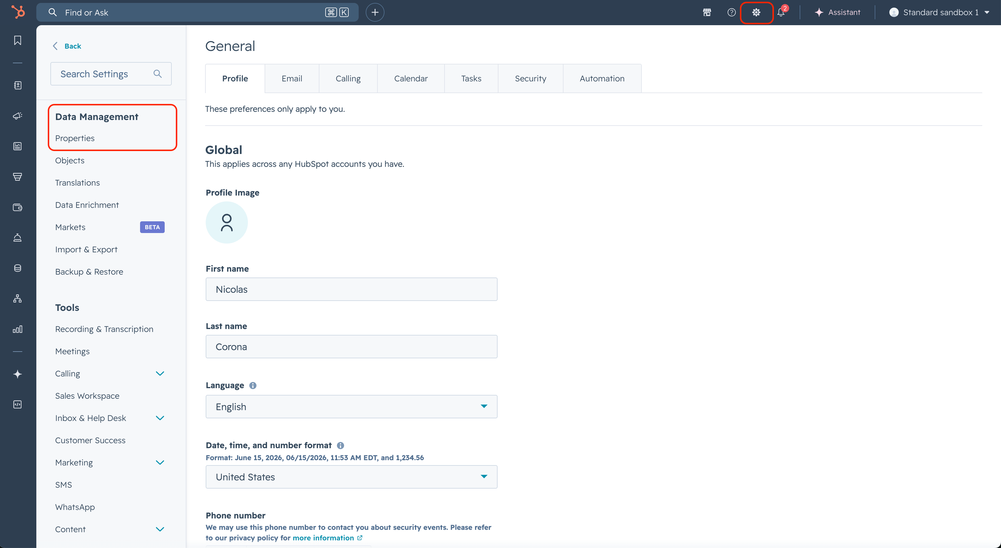 HubSpot Settings - Properties