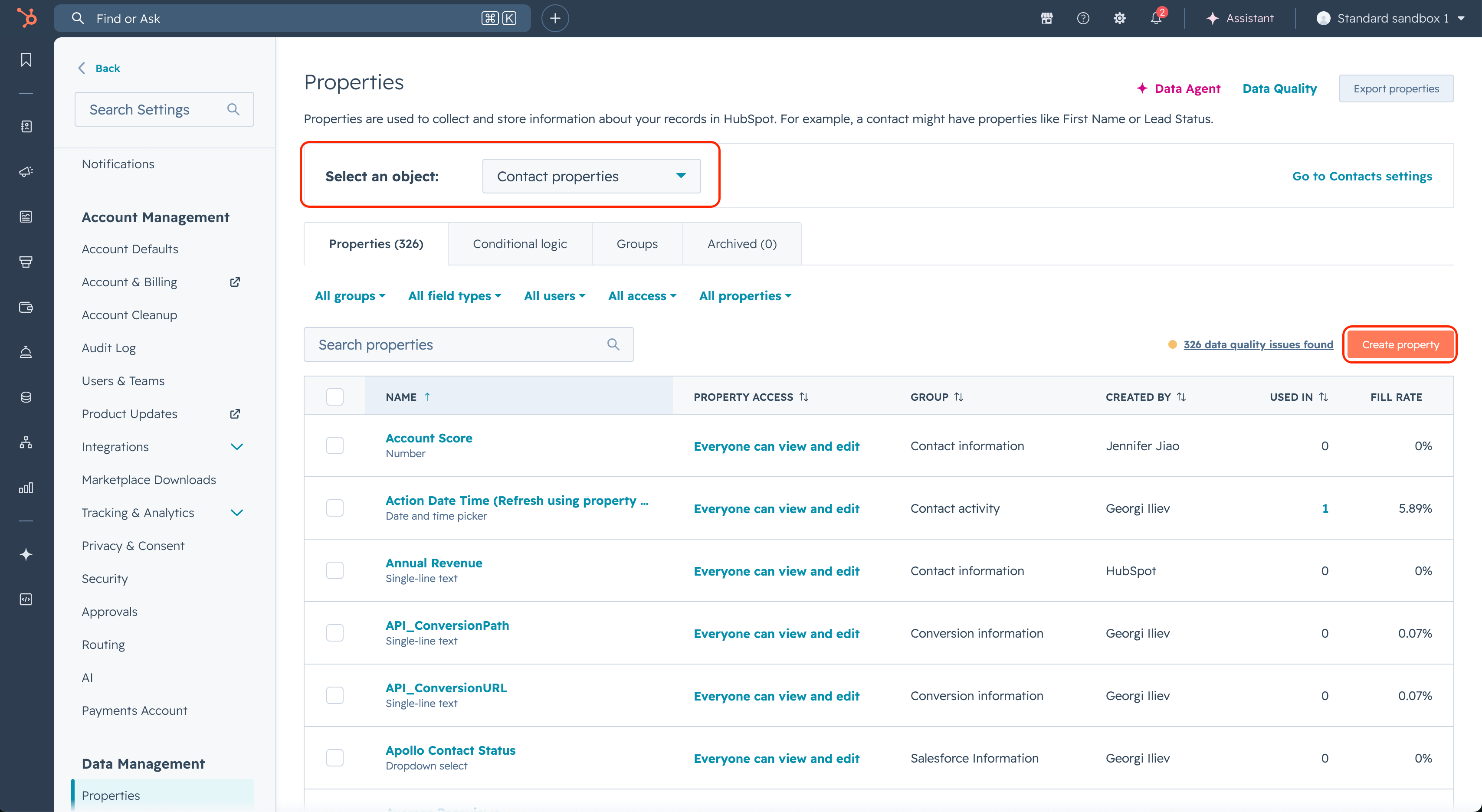Select Contact properties and Create property